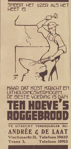 717414 Advertentie voor Ten Hoeve's Roggebrood, dat in Utrecht verkrijgbaar is bij de N.V. Luxe Broodbakkerijen v.h. ...